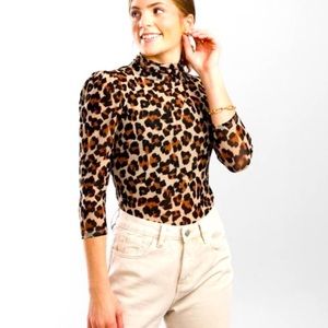 NWT Free People Gather Tee Turtleneck Top SZ XS Semi Sheer Stretch Leopa…